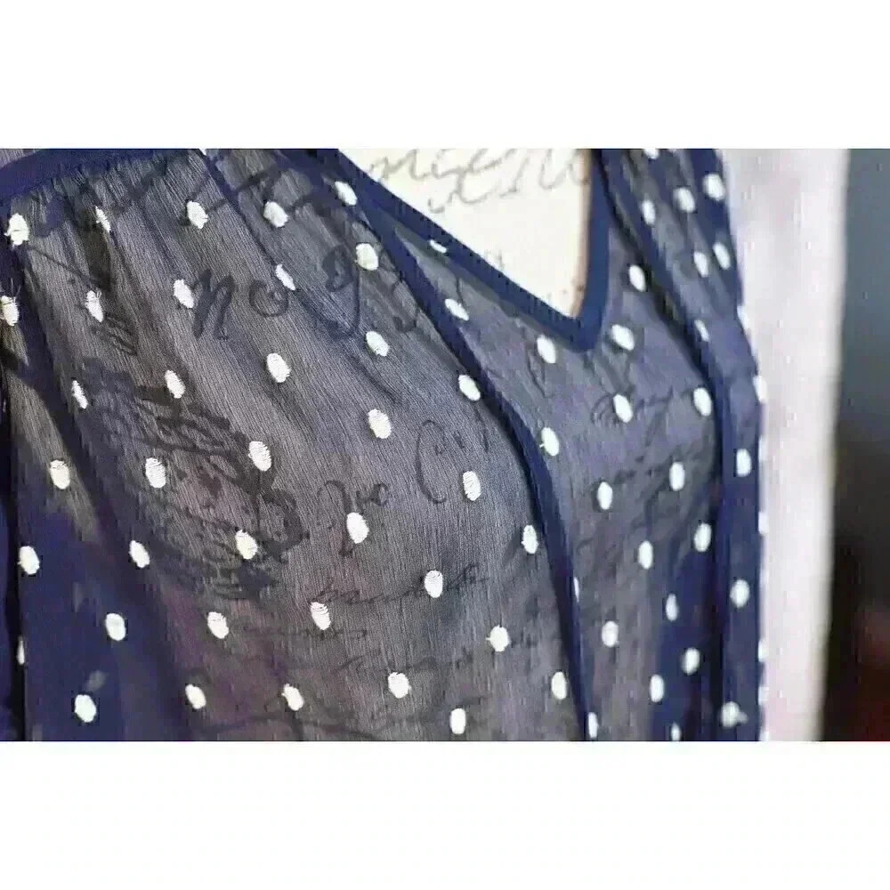Women's Free People Size S navy blue polka dot embroidered sheer shirt - Picture 3 of 14